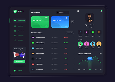 Walltzy Dashboard - DarkMode bank dark mode dark ui darkmode dashboard dashboard design dashboard ui finance money money ui transfer uidesign uiux