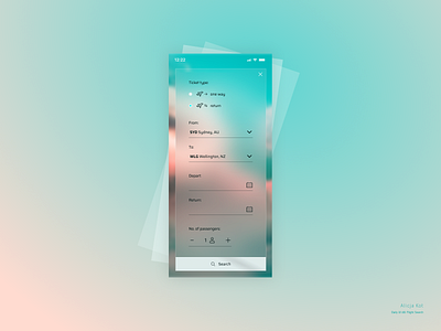 Daily UI #68: Flight Search aurora ui clouds dailyui dailyuichallenge day 68 dribbble popular frosted glass glassmorphism ui gradient metallic minimalist mobile mobile app design modal window sky travel app ui turquoise uiuxdesign uxuidesign web design