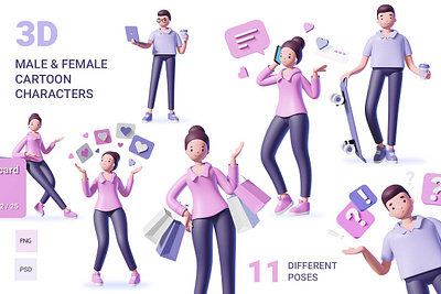 3d Male&Female Character Set 3d 3d animation 3d art 3d character 3d illustration agency app background concept conceptual famle design female flat illustration male male character page transparent vector web