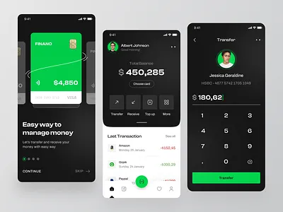 Finano - Finance Mobile App app bank bank card banking banking app calculator card credit card finance finance app financial fintech grean mobile mobile app design mobile design mobile ui product transfer wallet