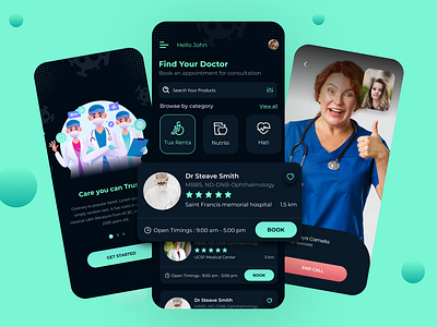 Doctor Appointment App Dark UI app design appointment calculator app design clinic dark dark theme dark mode doctor madicle pharmacy