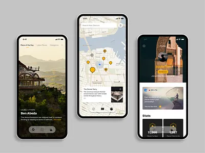 Atlas Obscura iOS App app design figma figma design flat glassmorphism guide ios map minimal mobile mock navigation photo product design profile top navigation travel travel guide ui