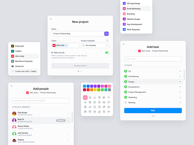 Tack - New Project Flow add task b2b clean client color picker custom icon dashboard icon picker invite invite people modal people profile project project template stats task template ui ux