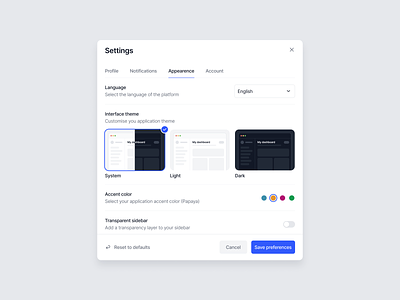 Dunavo Design System - Appearance settings modal component branding buttons checkbox component cta dark design system footer icons light modal pop up preferences product design select settings system theme user interface design web design