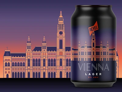 Vienna Lager Beer Can Design 2d illustration architecture beer can design craft beer illustration lager sunset vector art vienna vienna town hall