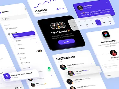 Finance UI Elements avatar calendar cards clean component design finance minimal notification sidebar ui ui component ui elements uidesign uiux user interface ux widget