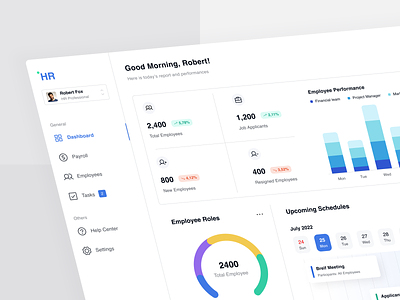 HR Management Dashboard bar chart clean dashboard employee hr hr dashboard hrm human resource job management minimalist pie chart saas schedules statistic ui design uiux web design webapp website