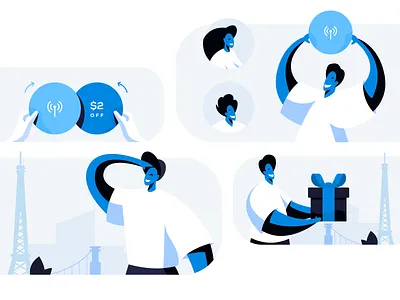 Set of illustrations blue blue and white character exchange gift give giveaway illustration illustrator look looking people promo promotion promotional referral searching set share vector