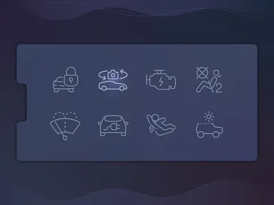 Car dash outline iconset car dashboard electric car engine icon icons icons set outline safety seat belt vector washer windscreen