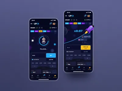 UP-X – Crash Game bets betting casino casino design crash dark ui dice gambling game game design illustration interface lottery mines mobile app platform product design roulette sportsbook uiux