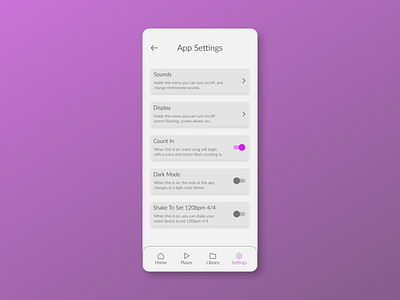 Settings For Metronome App app daily ui 007 dailyui dailyuichallenge design figma metronome mobile app mobile ui purple settings settings page settings ui ui ux