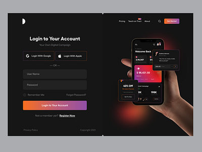 Login UI analytics app app ui branding card ui design clean dark theme dashboard login menu onboarding product design signup typography ui ui ux user experience user interface ux web app