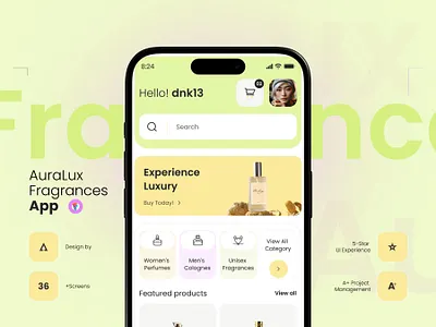 AuraLux Fragrances App aestheticui appdesign auralux beautytech customperfume ecommerceapp elegantdesign fragranceapp luxurybrand luxuryscent minimaldesign mobileappdesign modernui perfumeshopping perfumeui premiumfragrance scentexperience shoppingapp uxdesign