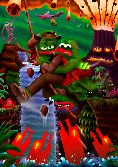 "Escaping crypto jungle" adventure art borpa branding cartoon color pencil crypto design draw dream frog fun illustration jungle memecoin water ink