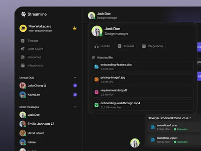 Streamline - Collaborative Cloud Storage Dashboard cloud computing cloud storage cloud system collaborative creative dark theme dashboard design direct messages drafts file manager file sharing file transfer file upload files landing page multi functional sent storage team communication web design