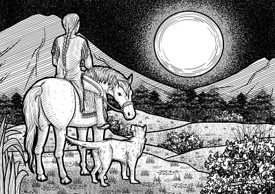 Horseback Riding braids dog forest full horse illustration illustration digital indian line art line artwork line drawing man moon mountain native native american night riding sky stars