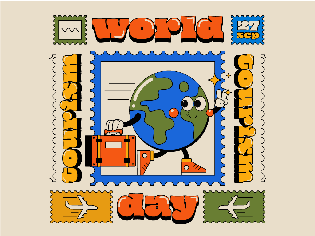 World Tourism Day 🌍 💼 2d art flat globe illustration old cartoon stroke illustration tourism travel trendy vector vector art vintage cartoon