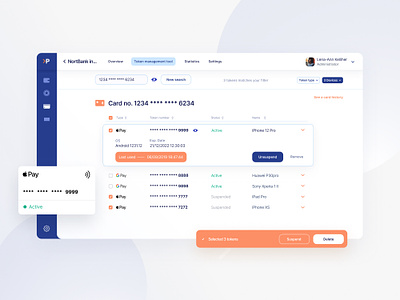 CreditCard Token Management Tool bank banking credit card dashboard expanded table fintech list management navigation simple ui table token ui ux pattern web app