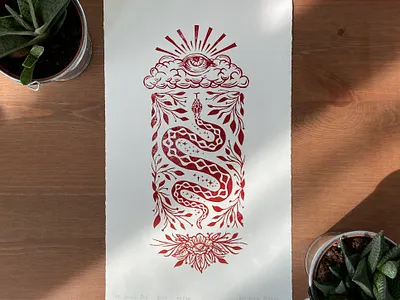 Original linocut print: All seeing sky all seeing eye art block print block printing botanical clouds illustration linocut linocut style linoprint print print design printmaking relief print serpent snake