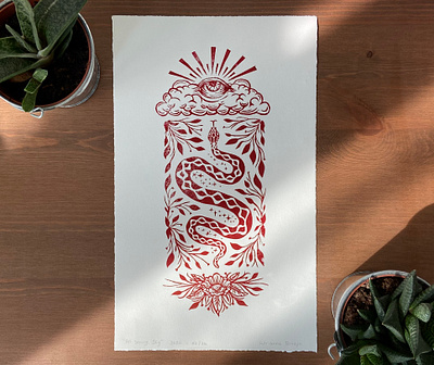 Original linocut print: All seeing sky all seeing eye art block print block printing botanical clouds illustration linocut linocut style linoprint print print design printmaking relief print serpent snake