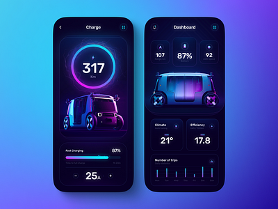 Electric Car App app app design battery charger dark mode electric electric car gradient mobile mobile app mobile app design mobile apps mobile design mobile ui ui uiux ux zoox