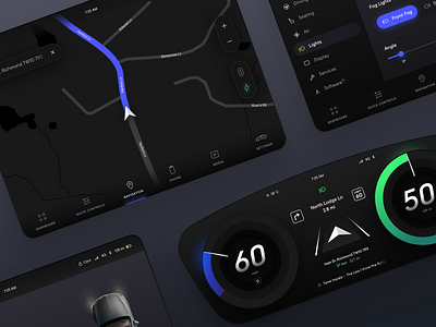 Digital Cockpit | UX & UI Design automotive black blue car cockpit dark dashboard design digital gps green music navigation player settings speed speedometer tablet violet