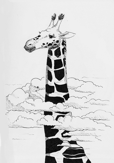 Giraffe in the clouds animal illustration giraffe illustraion ink drawing traditional art