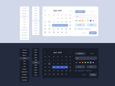 Date picker for event or reminder application calendar color creature dark dashboard date date picker dates desktop event interface modal picker popover popup productdesign reminder schedule scheduler