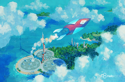 IOTA Ship Launch clouds concept art cryptocurrency digitalart future illustration iota landscape launchpad photoshop retrofuture rocket sci fi scifi starship