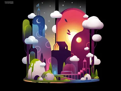 Clouds clouds colorful dream gradients hills house illustration journey moon poetic story