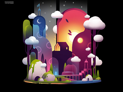 Clouds clouds colorful dream gradients hills house illustration journey moon poetic story