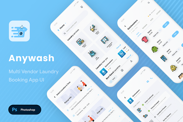 3 App UI Kit Multi Vendor Laundry Booking App UI Kit Anywash by OpusLab Works on Dribbble