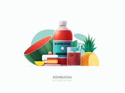 Kombucha cake fruit ice icons illustration kumbucha tea watermelon