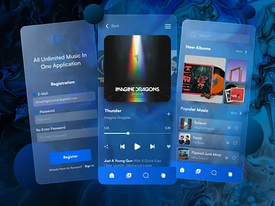 Music Streaming Platform Mobile App Design - Glassmorphism Style agency app application design glass glassmorphism library mobile modern navigation platform player streaming transparent ui ui design ux ux design visual identity welcome