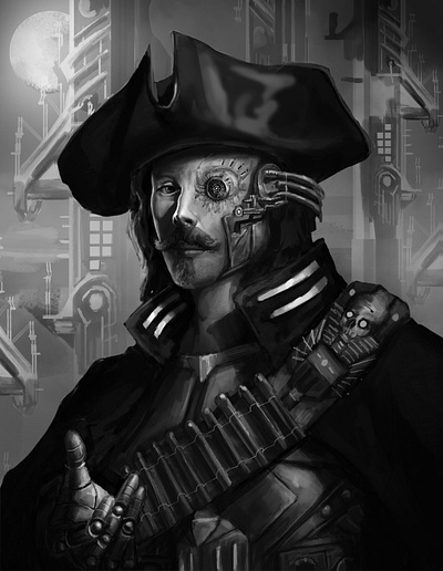 Grayscale futuristic pirate. 2dart characterdesign digital painting digitalart fantasy illustration warrior