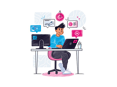 Pluralsight Illustration blue cartoon chair desk fun illustration laptop learning office pink pluralsight