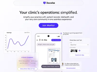 Doctor/Saas/Clinic Landing Page Waitlist ai chat bento branding clinic dentist doctor features graphs health health clinic landing page medical medicine mobile app notification prescription saas ui waitlist page