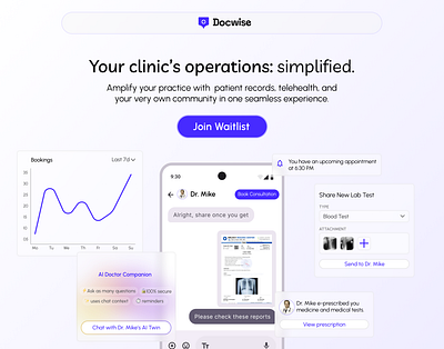 Doctor/Saas/Clinic Landing Page Waitlist ai chat bento branding clinic dentist doctor features graphs health health clinic landing page medical medicine mobile app notification prescription saas ui waitlist page