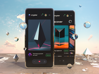 Crypter® – NFT Marketplace UI Kit 3d 3d mockup 3d render 3d rendering app crypter dark app interface mobile app mockup nft nft marketplace outdoor phone phone mockup render ui ui design ux ux design