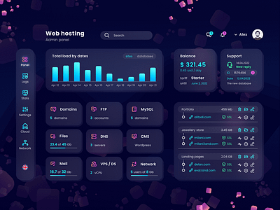 Web Hosting Admin Panel admin panel blues dashboad design glass effect glassmorphism hosting interface modern transparent ui violet web