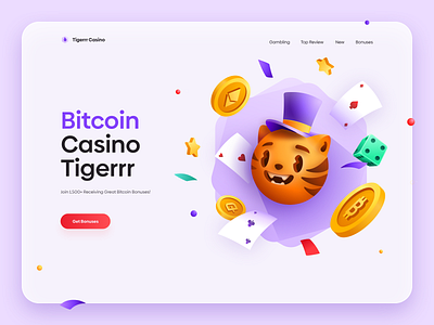 Tigerrr Casino bitcoin bonus cards casino character clean design fun gambling game illustration minimal play shadow star tiger ui ux vector web