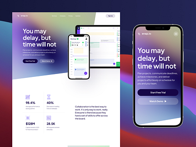 snap.io - Mobile Responsive dashboard ui figma landing page landing page design mobile responsive project management responsive design responsive web design responsive website responsive website design saas saas landing page saas website typography ui ui design ux web design web ui website design