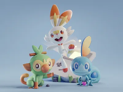 Pokemon starter 2d 3d animation blender character color cute design illustration isometric lowpoly pokemon