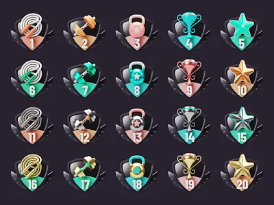All Prizes award awards badge blender color cup dumbbell fitness game gamification icon set kettlebell pin prize prizes shield skipping rope sport star wings