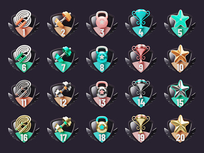 All Prizes award awards badge blender color cup dumbbell fitness game gamification icon set kettlebell pin prize prizes shield skipping rope sport star wings