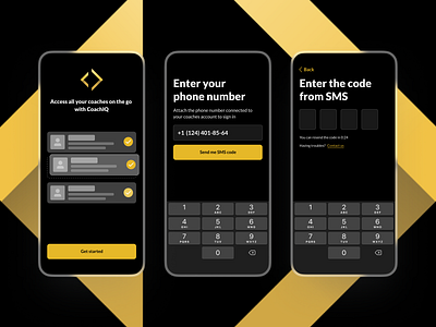 Coaching App Onboarding & Registration UX UI app authorization color design interface ios login login design mobile onboarding register registration sign up sms typography ui user experience user inteface ux yellow