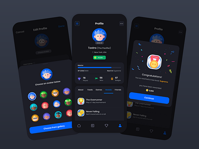 Tourena - Tournament App UI Kit app avatar icons dark mode design minimal mobile mobile app mobile app design mobile design mobile ui profile page ui ui ux ui ux design ui kit