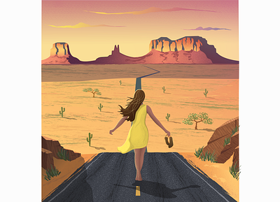 Taking off arizona characterdesign childrenillustration desert digital illustration freedom girl harmony heat illustraion love monumentvalley mountains peace road summer sunset usa utah woman illustration