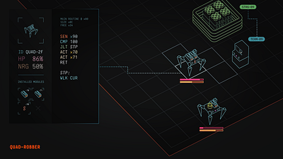 Quad-Robber Strategy Game Design 3d dark game minimalistic orthographic retro ui wireframe