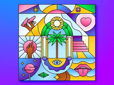 Locus amoenus illustration illustrator linework miguelcm neon palm paradise stained glass